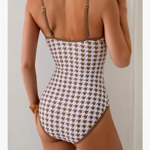 NWT Eomenie Brown Houndstooth One-Piece Swimsuit - Picture 3 of 6